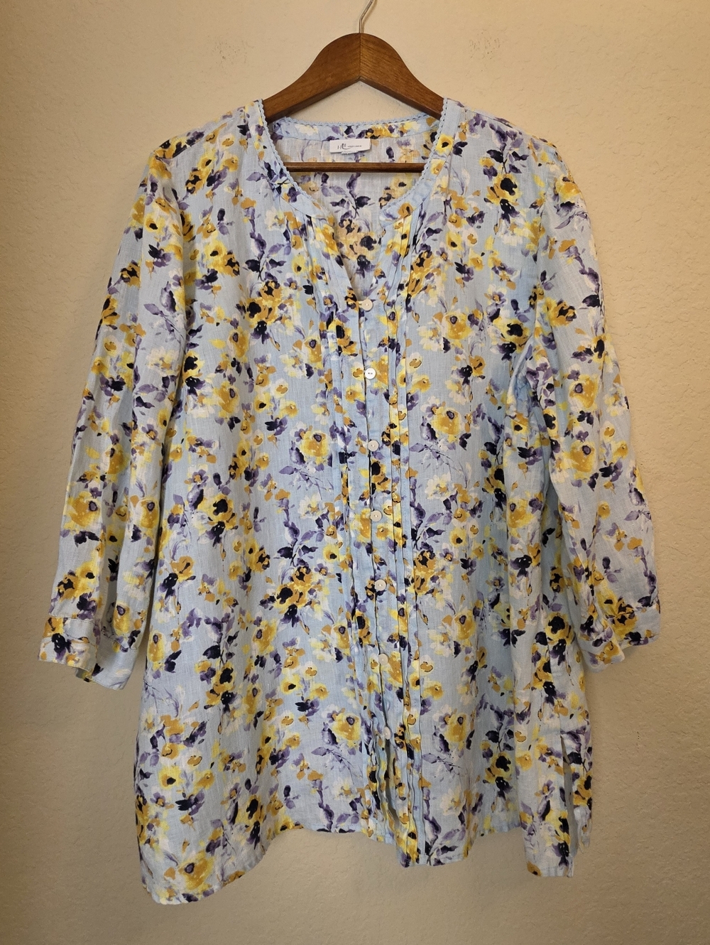 J. Jill Love Linen Tunic Top Light Blue Yellow Floral Button Down Peasant Blouse